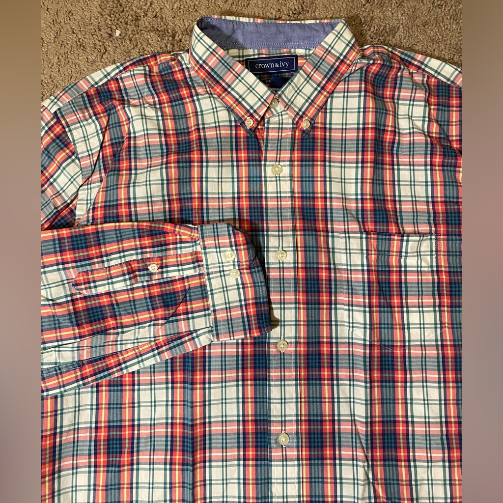 Crown Ivy Classic Fit Adult Mens Size Xl Button Up Down Checkered Dress Shirt